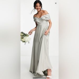 ASOS satin Bardot maxi dress with full skirt in sage green, size 6, nwt